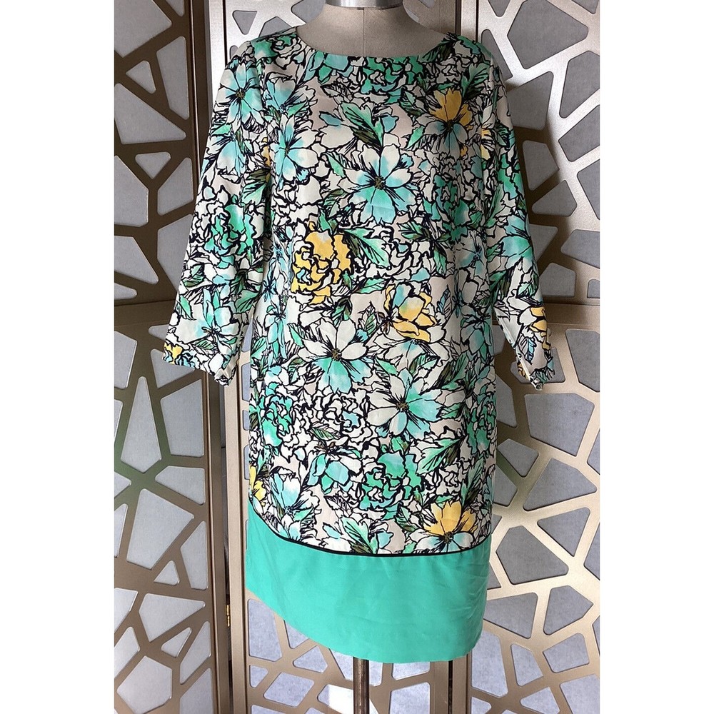 The Limited Emerald Green Yellow Mod Floral Shift Dress M medium